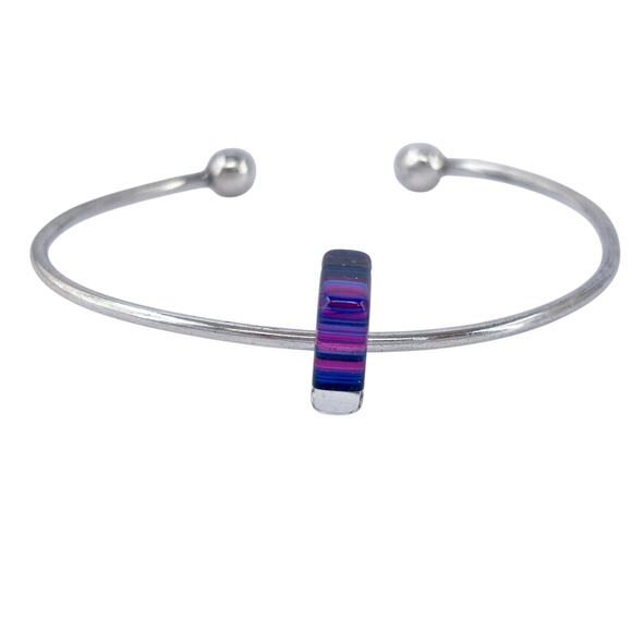 Ball Tip Cuff Bracelet | Purple Glass Charm | Vintage Sterling Silver 925 | 6.5" - Picture 3 of 11